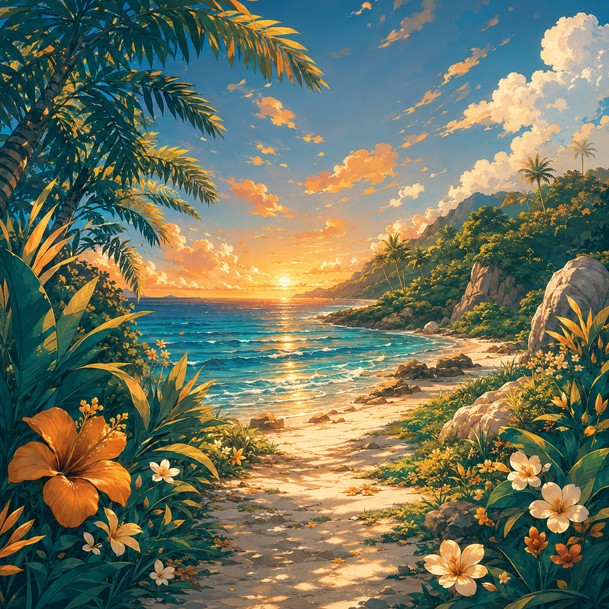 A tropical coast at sunset