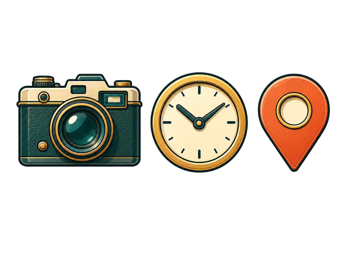 A camera, clock, and location pin representing EXIF and GPS metadata