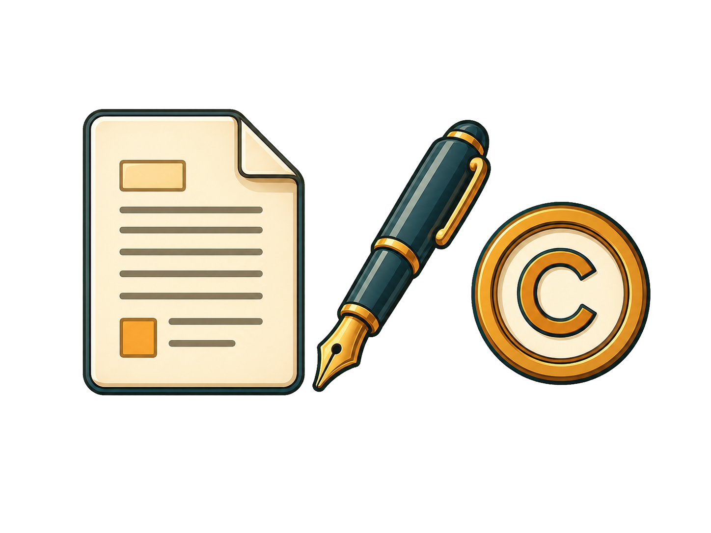 A document, pen, and copyright symbol representing IPTC and XMP metadata