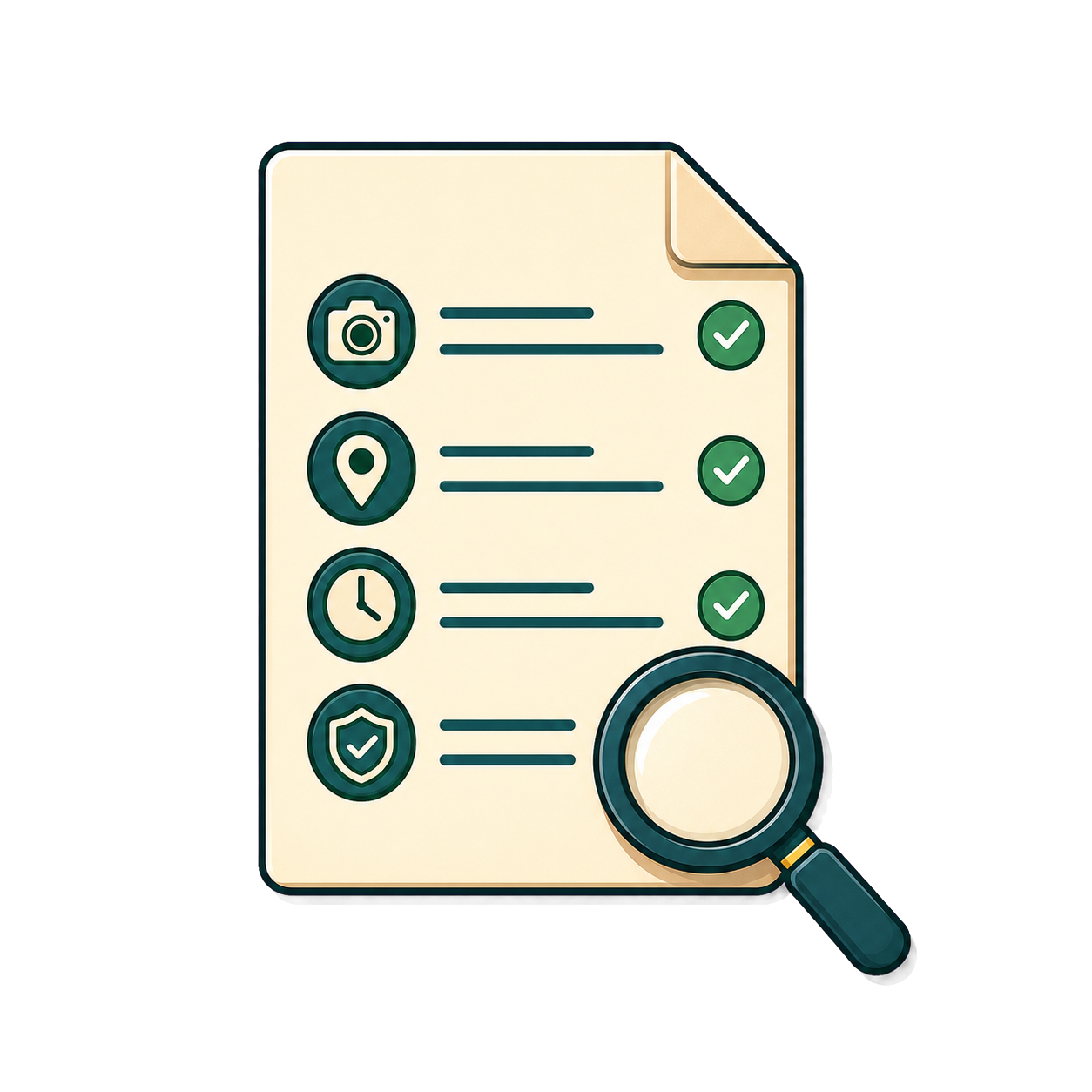A metadata checklist and magnifier representing file inspection