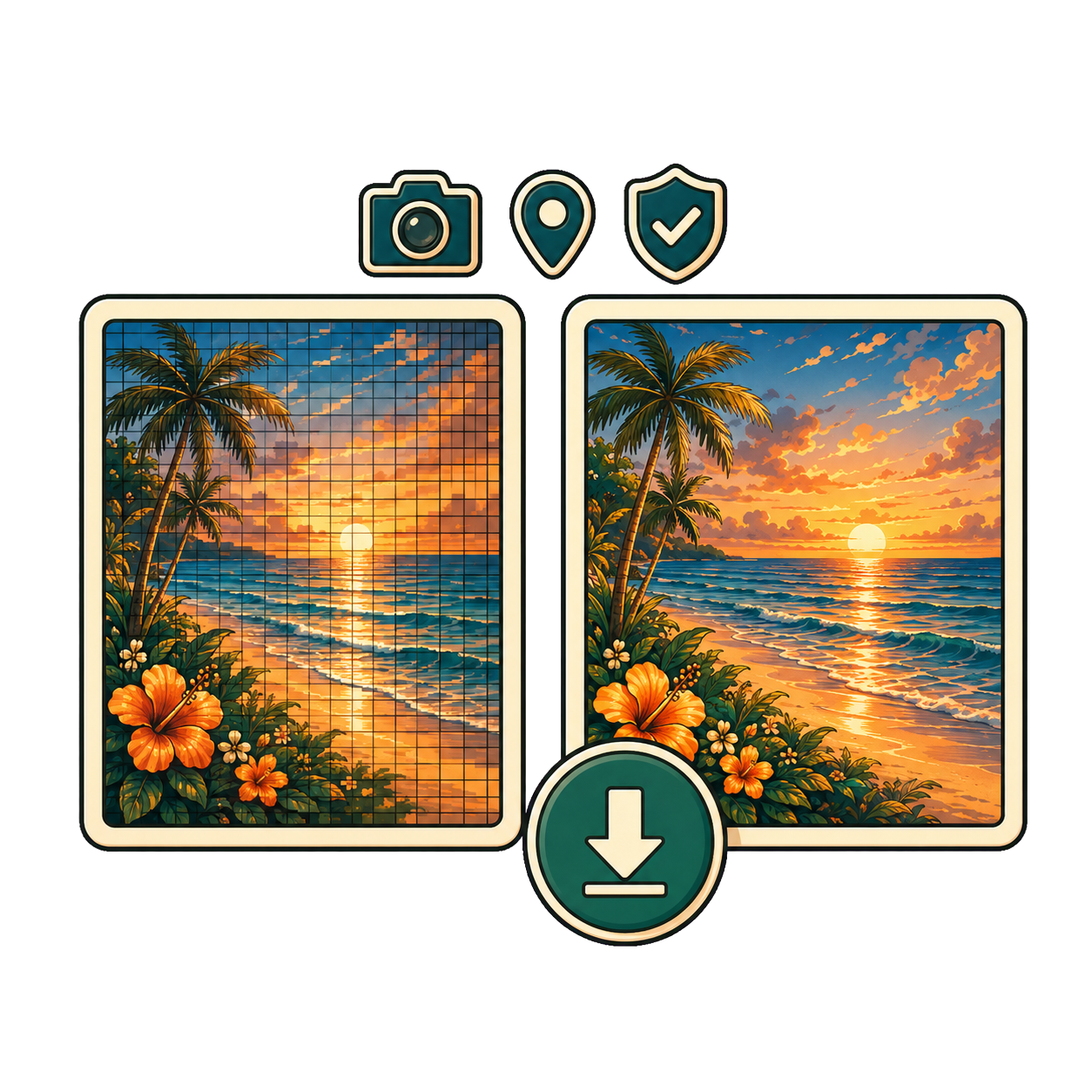 Before and after images with a download symbol