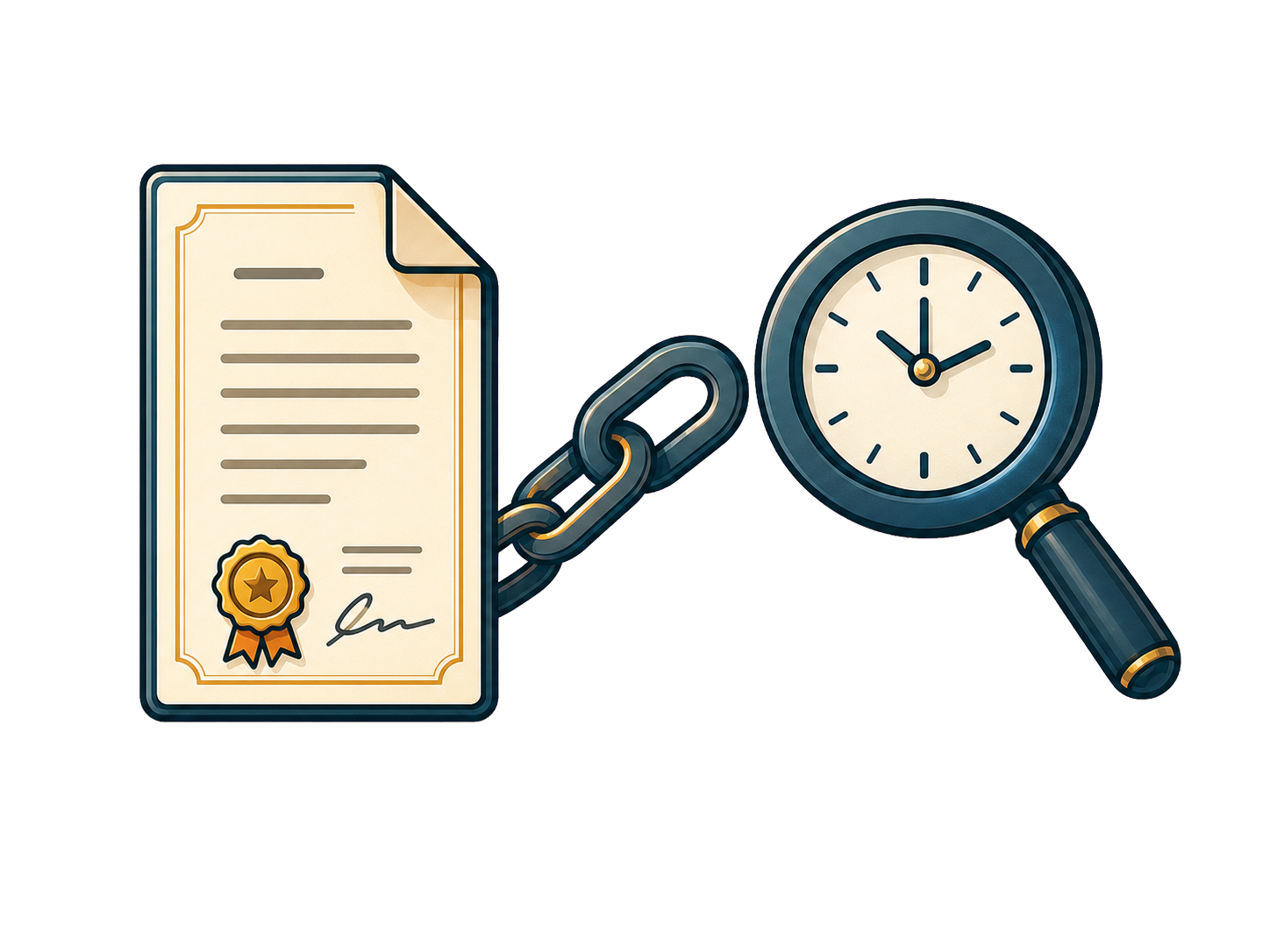 A signed document, chain link, and magnifier representing full C2PA validation