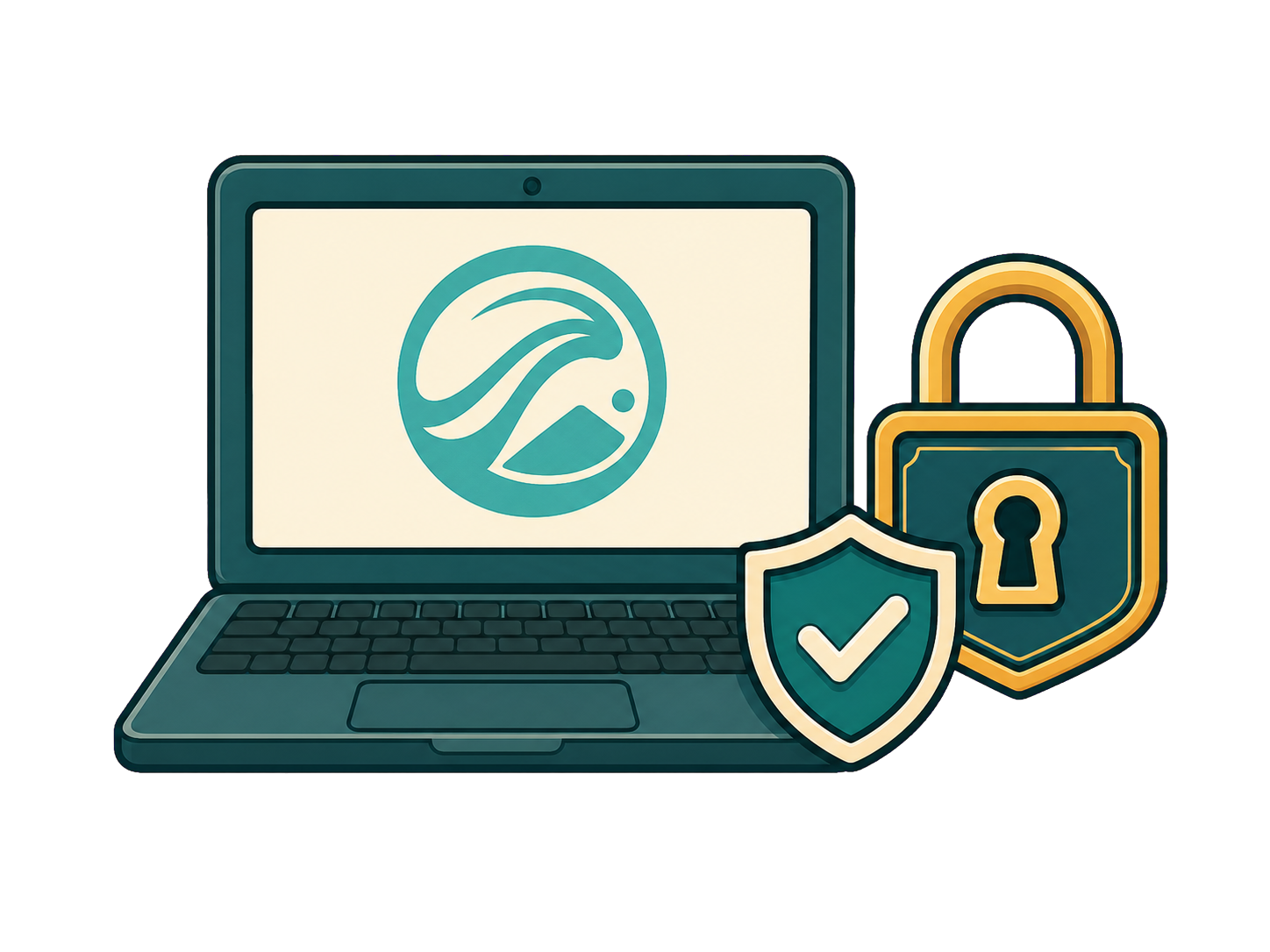 A laptop, privacy shield, and padlock representing local MetaScrub inspection