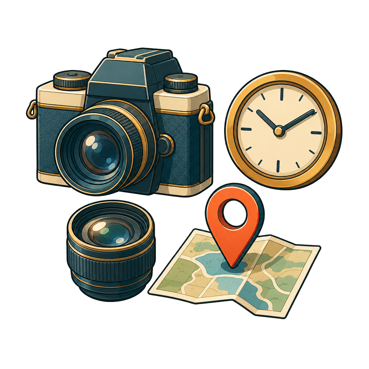 A camera, lens, clock, and location pin representing EXIF data