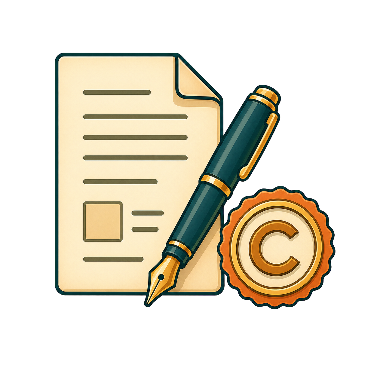 A document, pen, and copyright seal representing IPTC and XMP data