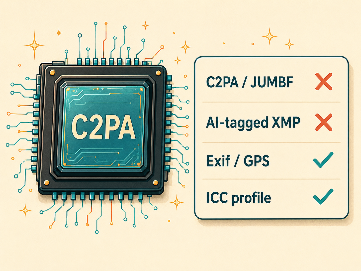 AI provenance only removes C2PA/JUMBF and AI-tagged XMP while keeping Exif, GPS, and the ICC profile.