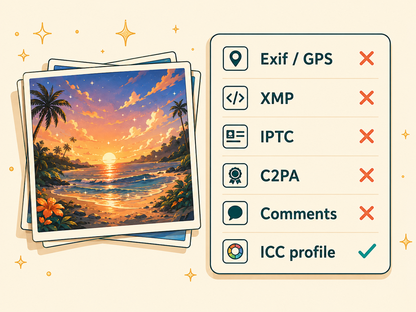Privacy clean removes Exif and GPS, XMP, IPTC, C2PA, and comments while keeping the ICC profile.