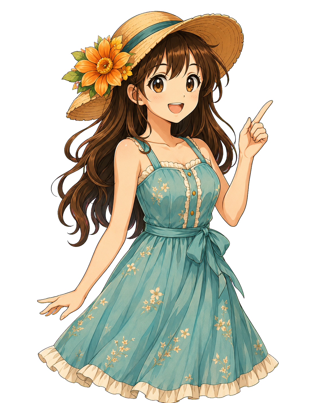 A woman in a floral summer dress pointing toward the metadata inspection button