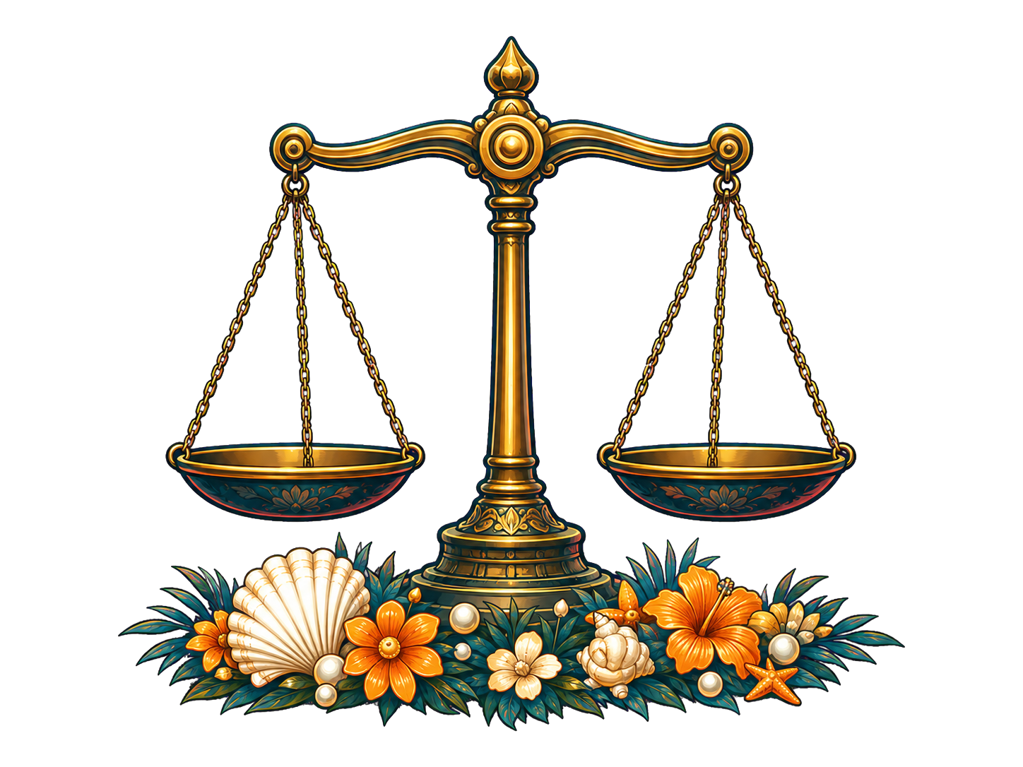 A balance scale surrounded by seaside flowers