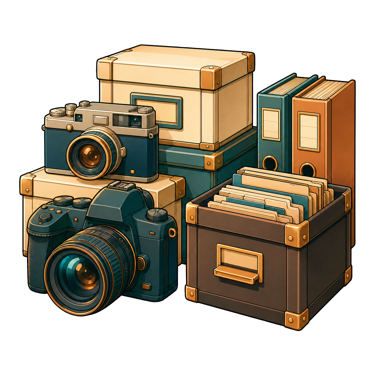 Cameras and archival files representing evidence and journalism