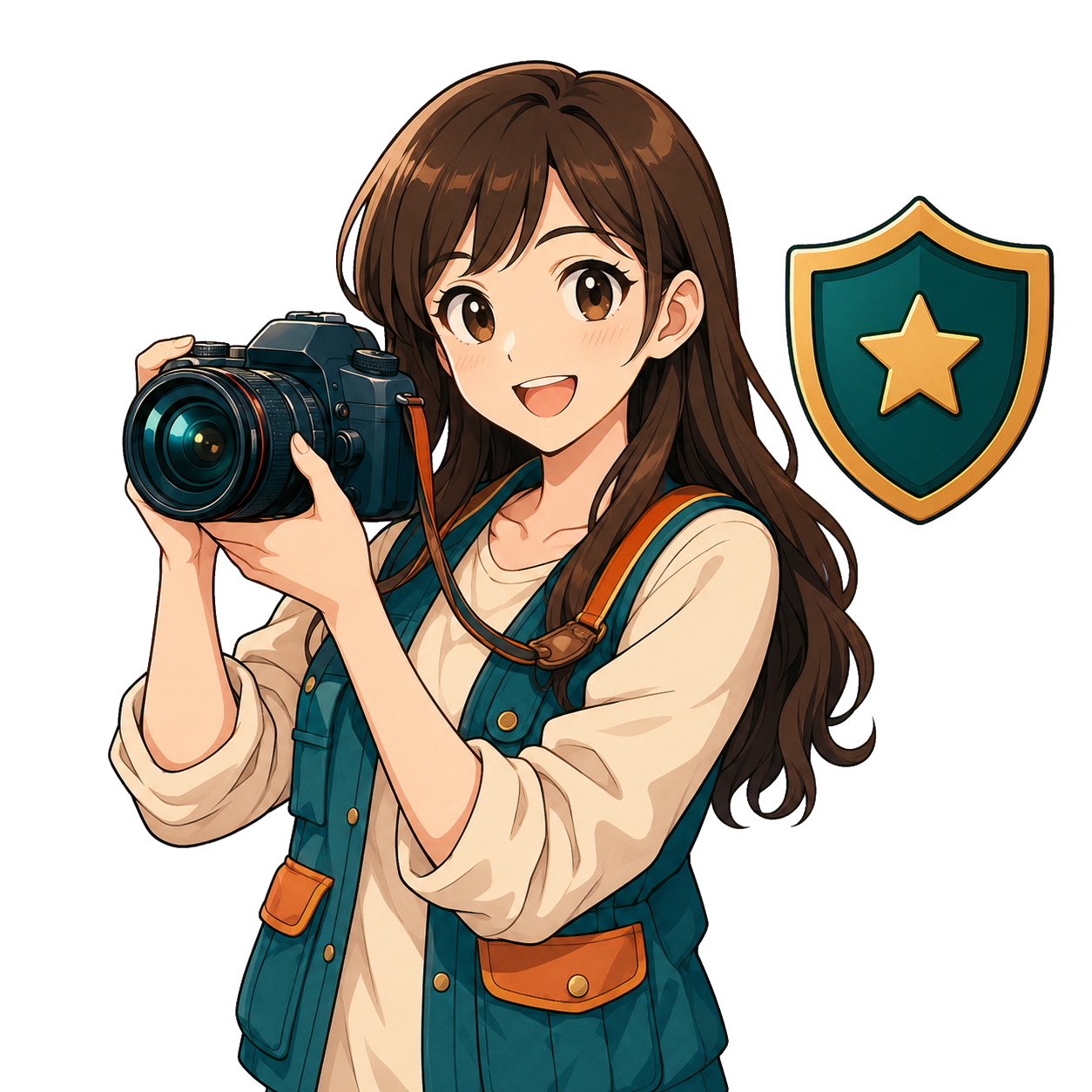 A photographer and shield representing licensed creative work