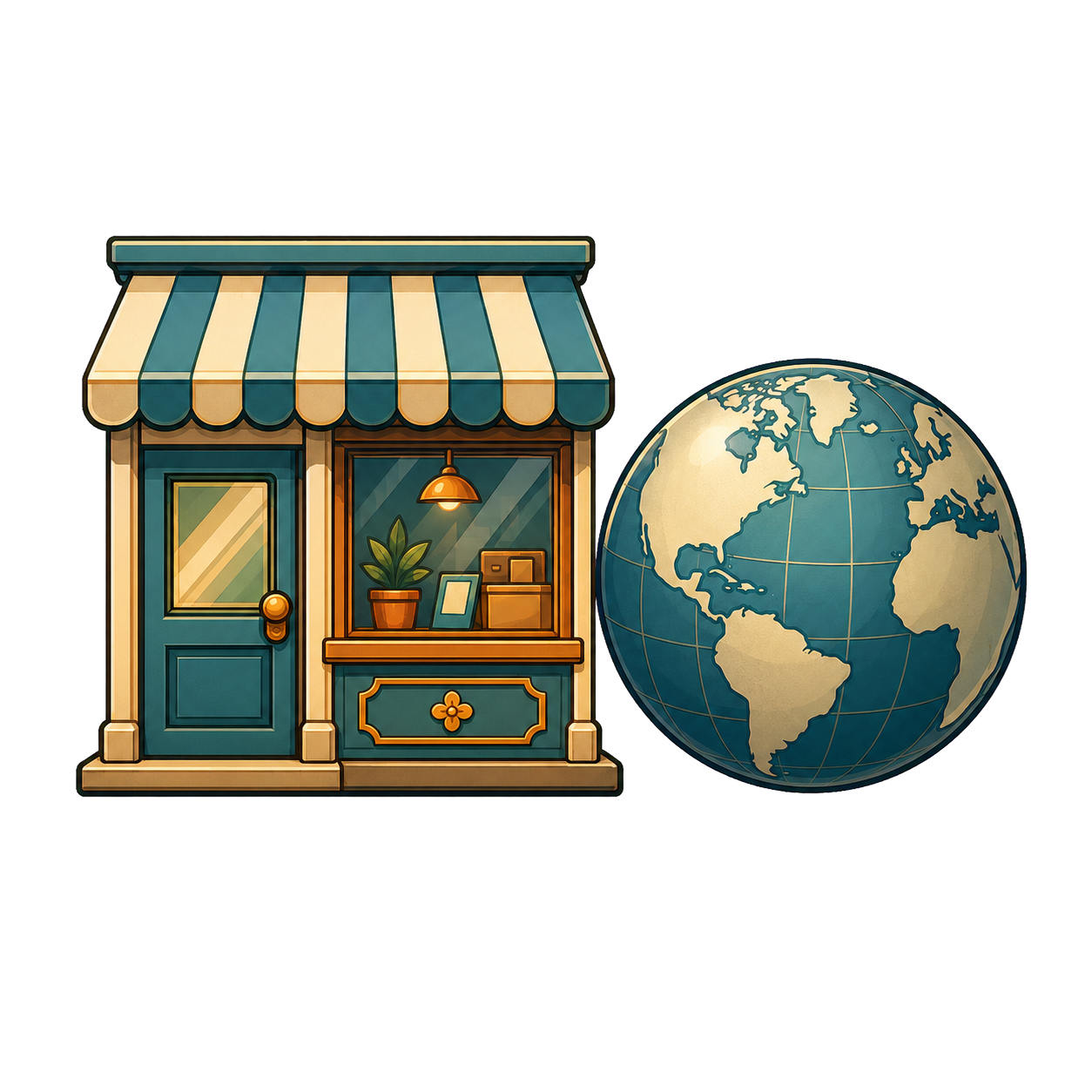 A public storefront and globe representing public sharing