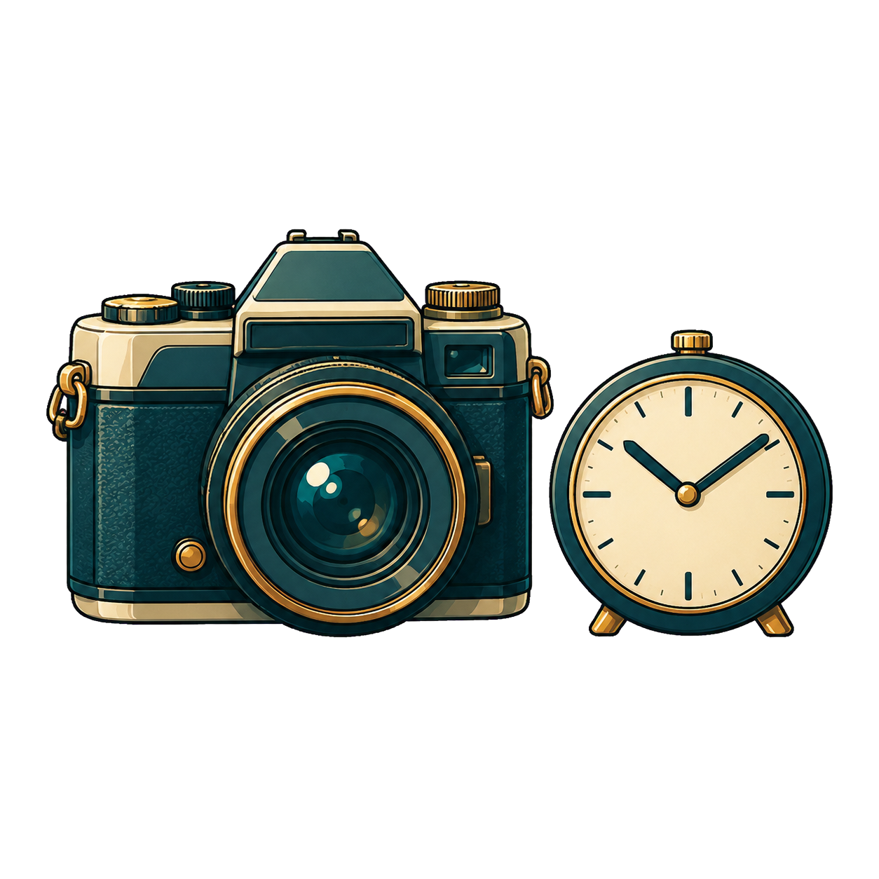 A camera and clock representing capture date and settings